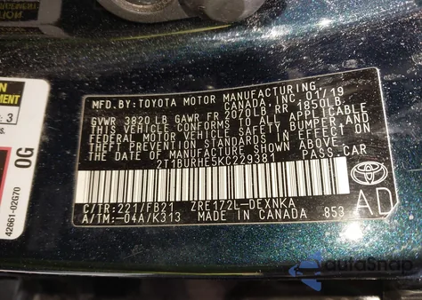 2019 Toyota Corolla Le z USA, uszkodzony, nr VIN 2T1BURHE5KC229381